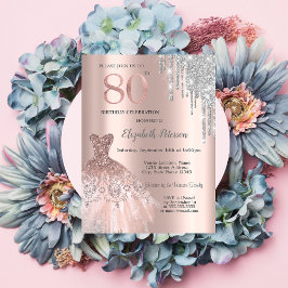Invitación Purpurina Plata, Vestido Rosa Oro 80 cumpleaños