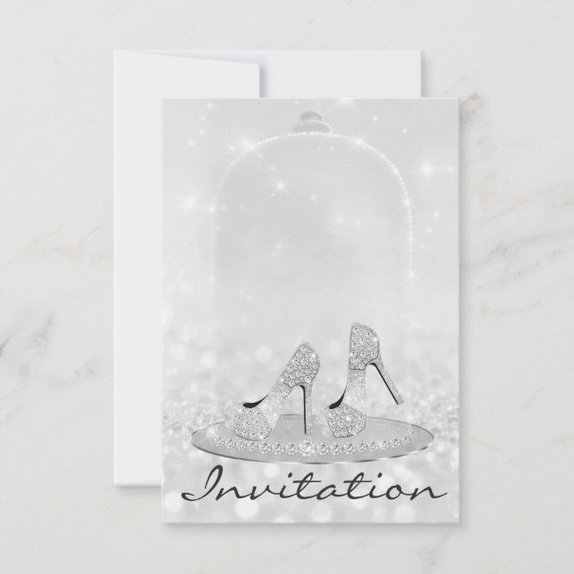 Invitación Purpurina Plata Vidrio de Diamante Tapos de zapato (Anverso)