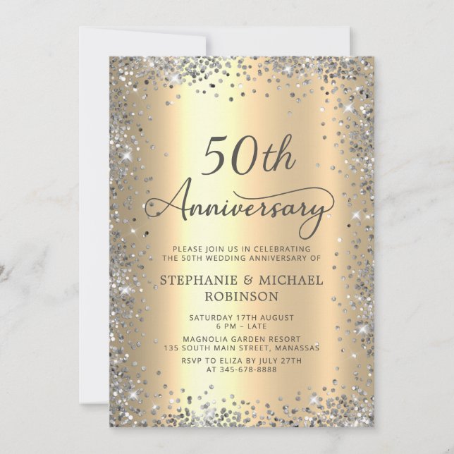 Invitación Purpurina Plata y 50 años Boda Oro (Anverso)