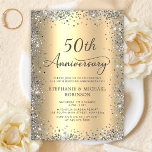 Invitación Purpurina Plata y 50 años Boda Oro
