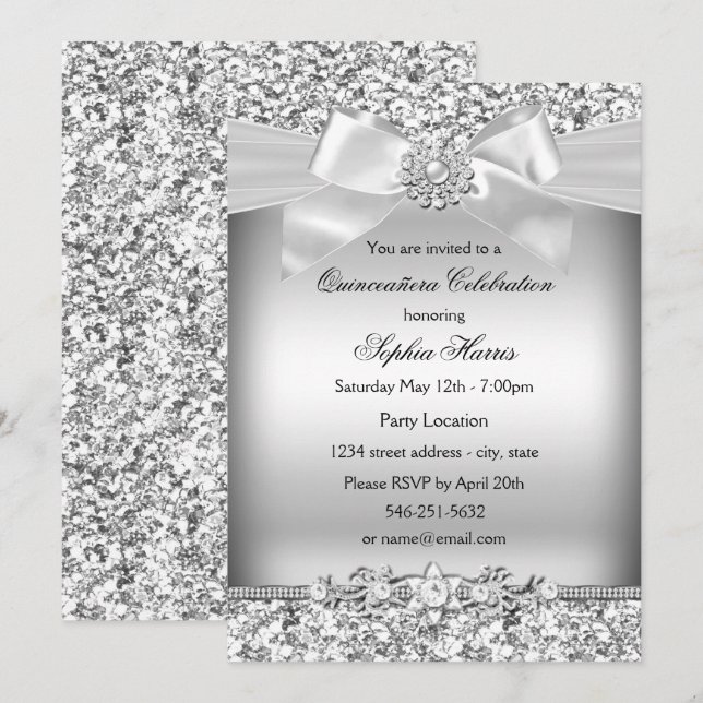 Invitación Purpurina Plata y Jewel Bow Quinceanera (Anverso / Reverso)