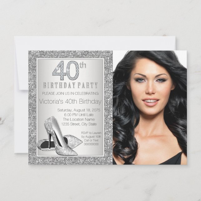 Invitación Purpurina Plata Zapato de tacón alto 40 cumpleaños (Anverso)