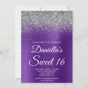 Invitación Purpurina Plateada Brillante Purpura Real Foil Dul