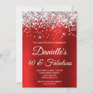 Invitación Purpurina Plateada Brillante Rojo Foil 40 y Fabulo