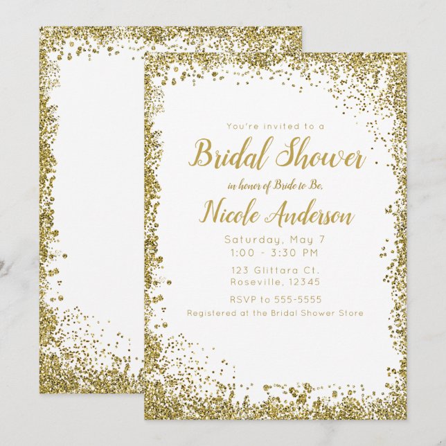 Invitación Purpurina plateado blanco  moderno ducha de novia  (Anverso / Reverso)