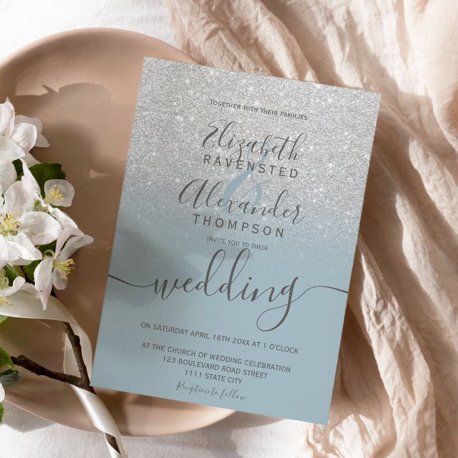 Invitación Purpurina plateado boda de escritura azul polvo (Subido por el creador)