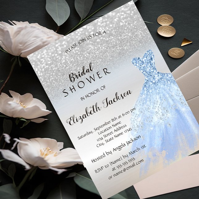 Invitación Purpurina plateado Bokeh Blue Vress Bridal Shower (Subido por el creador)