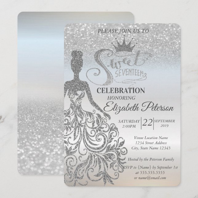 Invitación Purpurina plateado Bokeh Ombre, Vestido, Tiara, Du (Anverso / Reverso)