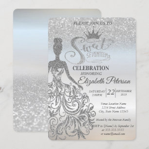 Invitación Purpurina plateado Bokeh Ombre, Vestido, Tiara, Du