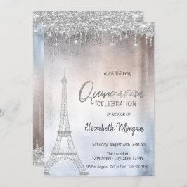 Invitación Purpurina plateado cae Torre Eiffel Quinceanera