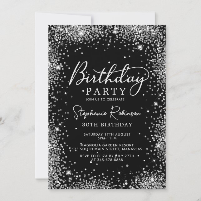 Invitación Purpurina plateado con guión moderno 30 cumpleaños (Anverso)