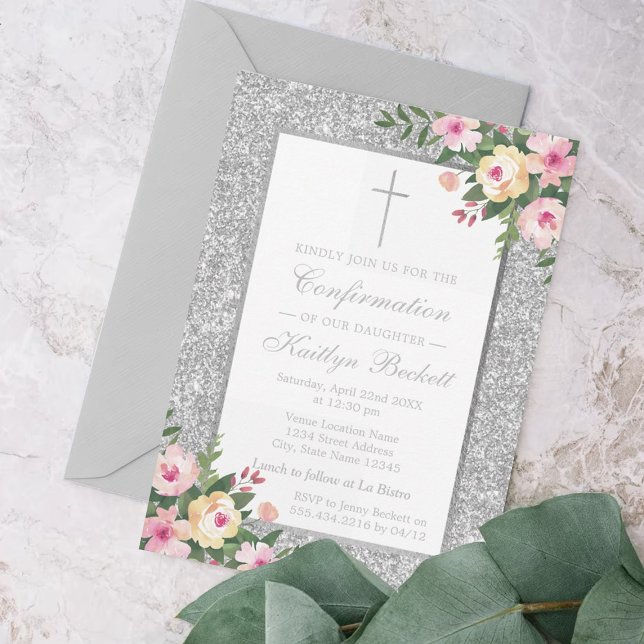 Invitación Purpurina Plateado Confirmación Floral O Christeni (Subido por el creador)