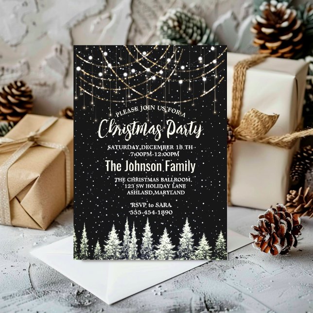 Invitación Purpurina plateado de árboles de Navidad con luces (Subido por el creador)
