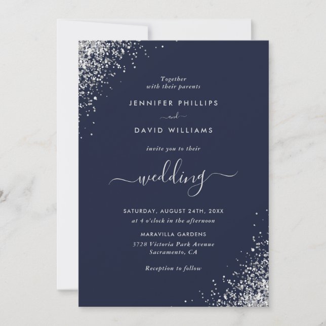 Invitación Purpurina plateado de escritura moderna Boda azul  (Anverso)