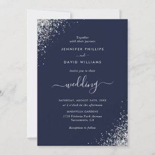 Invitación Purpurina plateado de escritura moderna Boda azul 