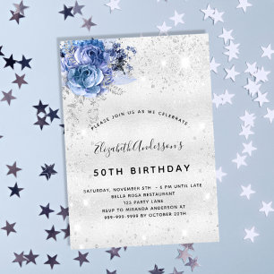 Invitación Purpurina plateado de flores azules de cumpleaños
