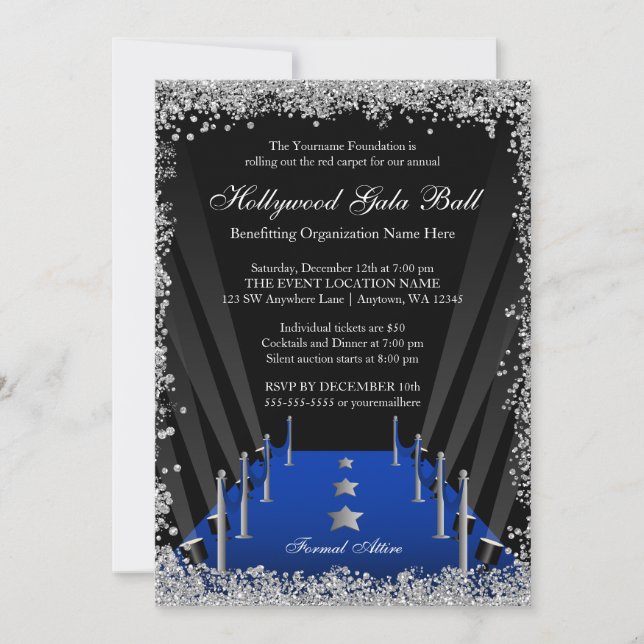 Invitación Purpurina plateado de la alfombra azul de Hollywoo (Anverso)