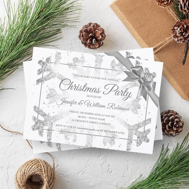 Invitación Purpurina plateado de lujo Xmas Cinta de vacacione (Luxurious Silver Glitter Xmas Holiday Ribbon Invitation)