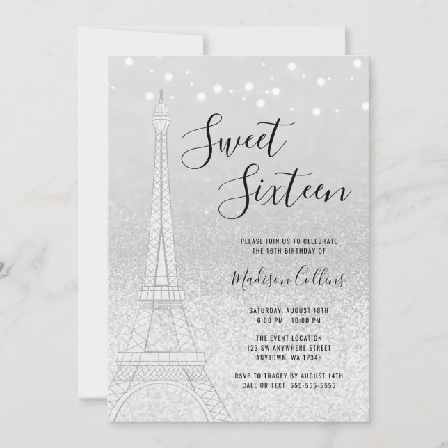 Invitación Purpurina Plateado de París Ilumina Dulce 16 (Anverso)