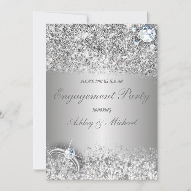 Invitación purpurina plateado del partido de compromiso elega (Anverso)