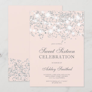 Invitación Purpurina plateado destello rosa dulce de color ro