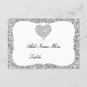 Invitación Purpurina plateado Diamond Heart Table Place Card