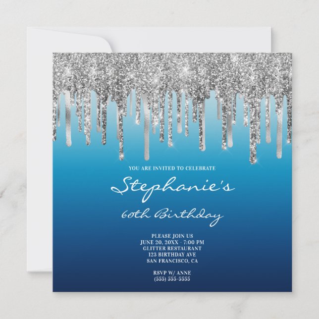 Invitación Purpurina Plateado Drin Sky Ocean Blue Ombre Cumpl (Anverso)