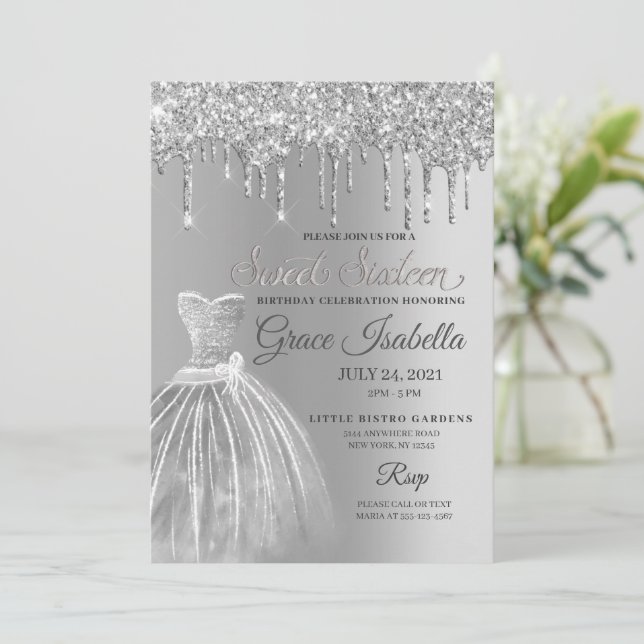 Invitación Purpurina Plateado Drip Dulce Dieciséis Cumpleaños (Anverso de pie)