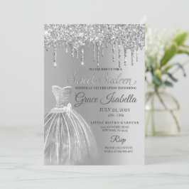 Invitación Purpurina Plateado Drip Dulce Dieciséis Cumpleaños