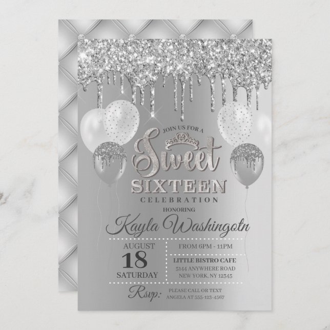 Invitación Purpurina Plateado Drip Dulce Dieciséis Cumpleaños (Anverso / Reverso)