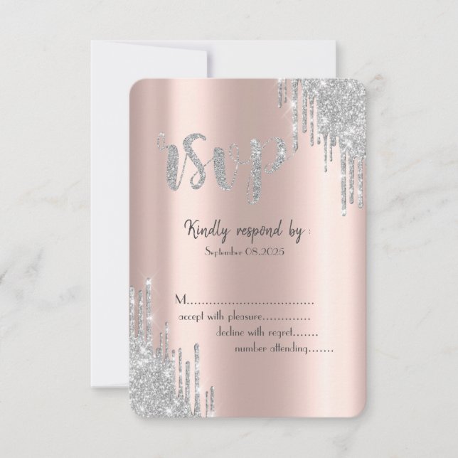 Invitación Purpurina Plateado Dris Rosa Cumpleaños Oro RSVP (Anverso)