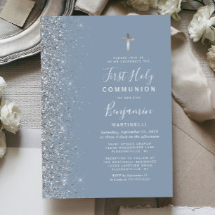 Invitación Purpurina plateado Edge Dusty Blue First Communici