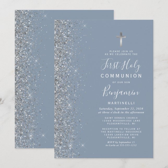 Invitación Purpurina plateado Edge Dusty Blue First Communici (Anverso / Reverso)