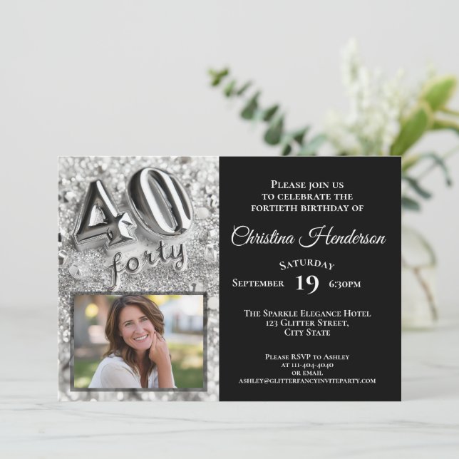 Invitación Purpurina plateado elegante foto 40 Fiesta de cump (Anverso de pie)