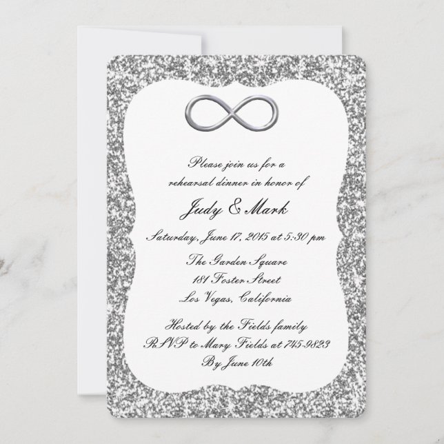 Invitación Purpurina plateado Ensayo de infinito (Anverso)
