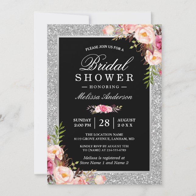 Invitación Purpurina plateado esparce ducha de novia floral (Anverso)