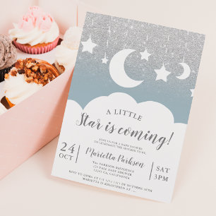 Invitación Purpurina plateado estrella azul luna nube ducha b