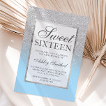 Invitación Purpurina plateado falso elegante hielo azul Sweet<br><div class="desc">Moderna moda de bonito y elegante ducha de purpurina de color falso plateado oscuro con el bloque de color azul de hielo de invierno Invitación de fiesta de 16 años dulce con un patrón oscuro de plata que desciende a un fondo azul con y elegante marco de plata Perfecto para...</div>