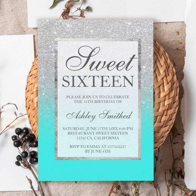 Invitación Purpurina plateado falso elegante verde azulado Sw (Subido por el creador)