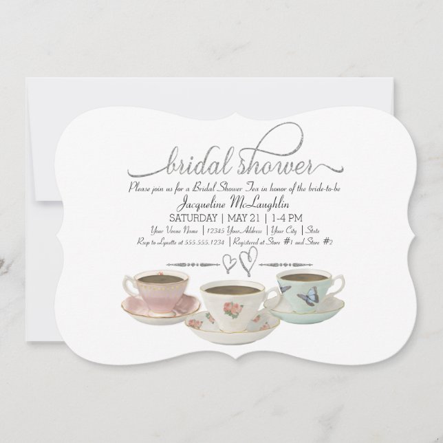 Invitación Purpurina plateado Faux Bridal Shower Tea Fiesta m (Anverso)