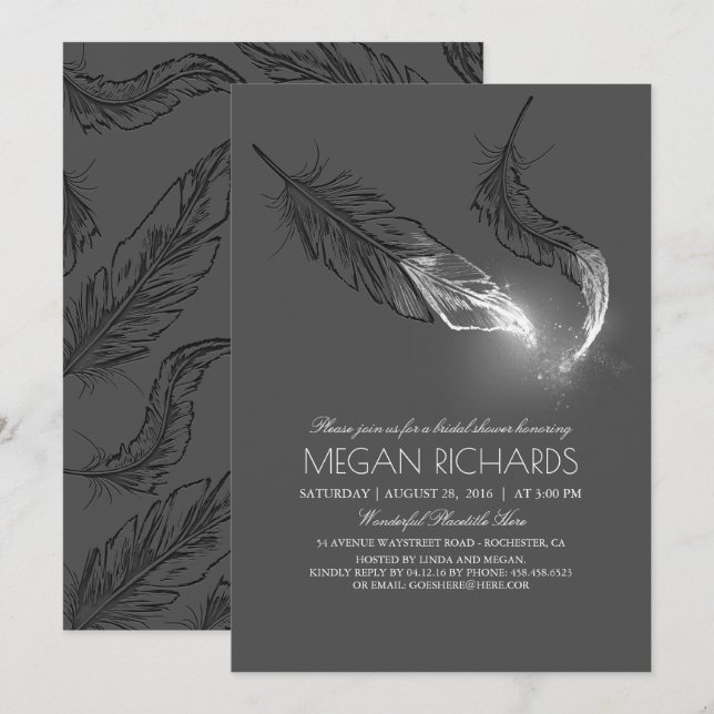 Invitación Purpurina plateado Feathers Elegant Bridal Shower (Anverso / Reverso)