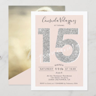 Invitación purpurina plateado foto de quinceañera rubia