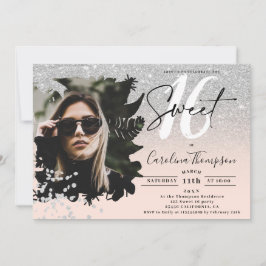 Invitación purpurina plateado foto rosa oscuro con flores Dul