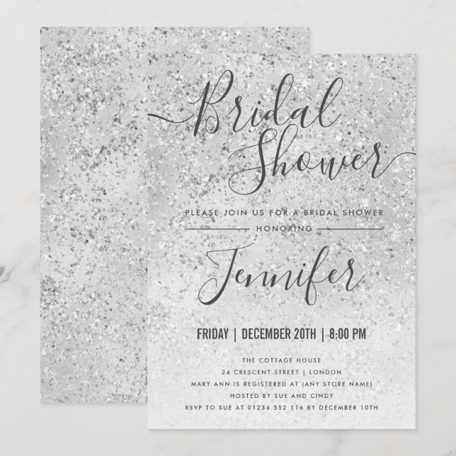 Invitación Purpurina plateado Glam Bridal Shower (Anverso / Reverso)