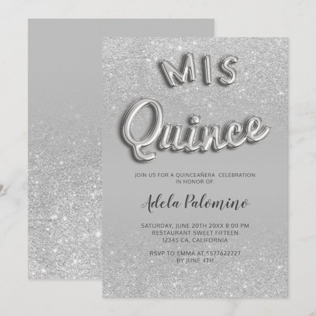 Invitación purpurina plateado globo gris Quinceañera (Anverso / Reverso)