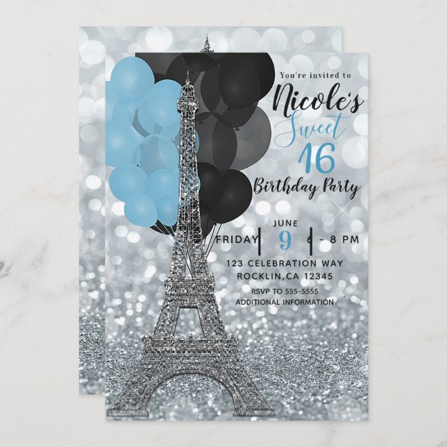 Invitación Purpurina Plateado Globos azules Torre Eiffel Parí (Anverso / Reverso)