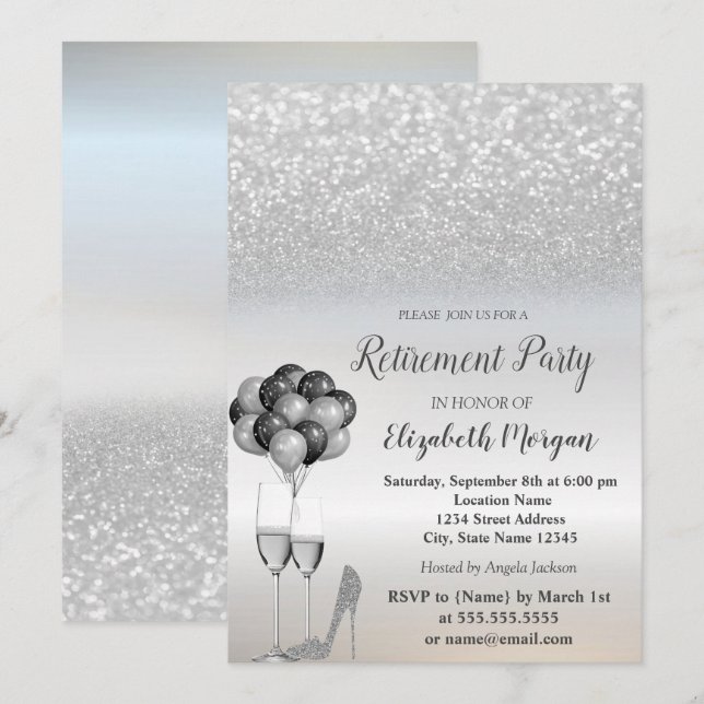 Invitación Purpurina plateado, globos, Fiesta de retiro de ta (Anverso / Reverso)