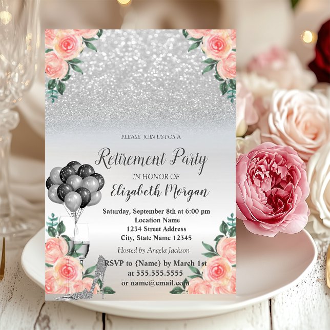 Invitación Purpurina plateado, globos, Rosas Fiesta de Jubila (Subido por el creador)