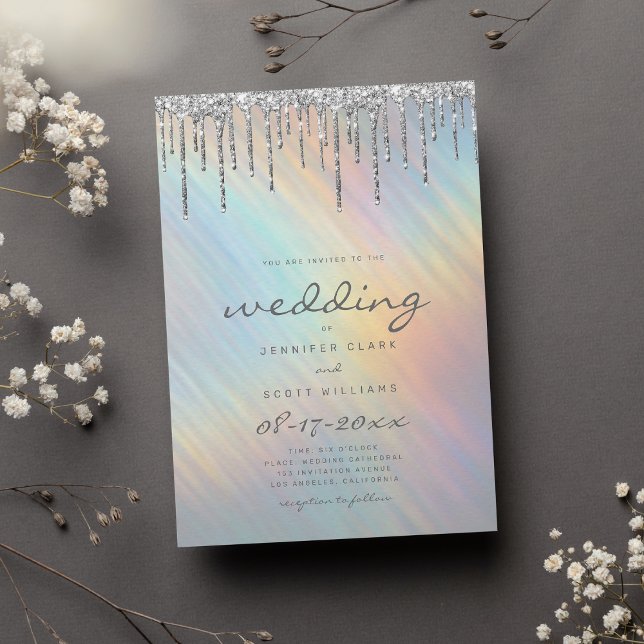Invitación Purpurina plateado gotea Boda holográfico arcoiris (Silver Glitter Drips Rainbow Holographic Wedding Invitation )