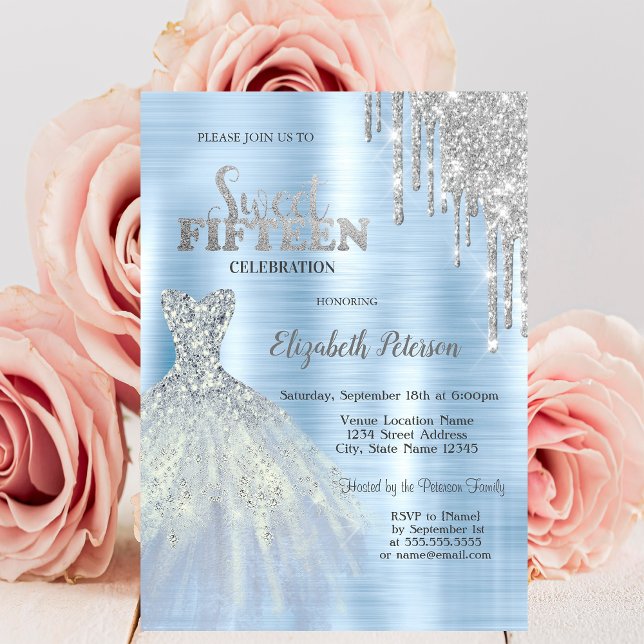 Invitación Purpurina plateado gotea con traje azul metálico (Subido por el creador)